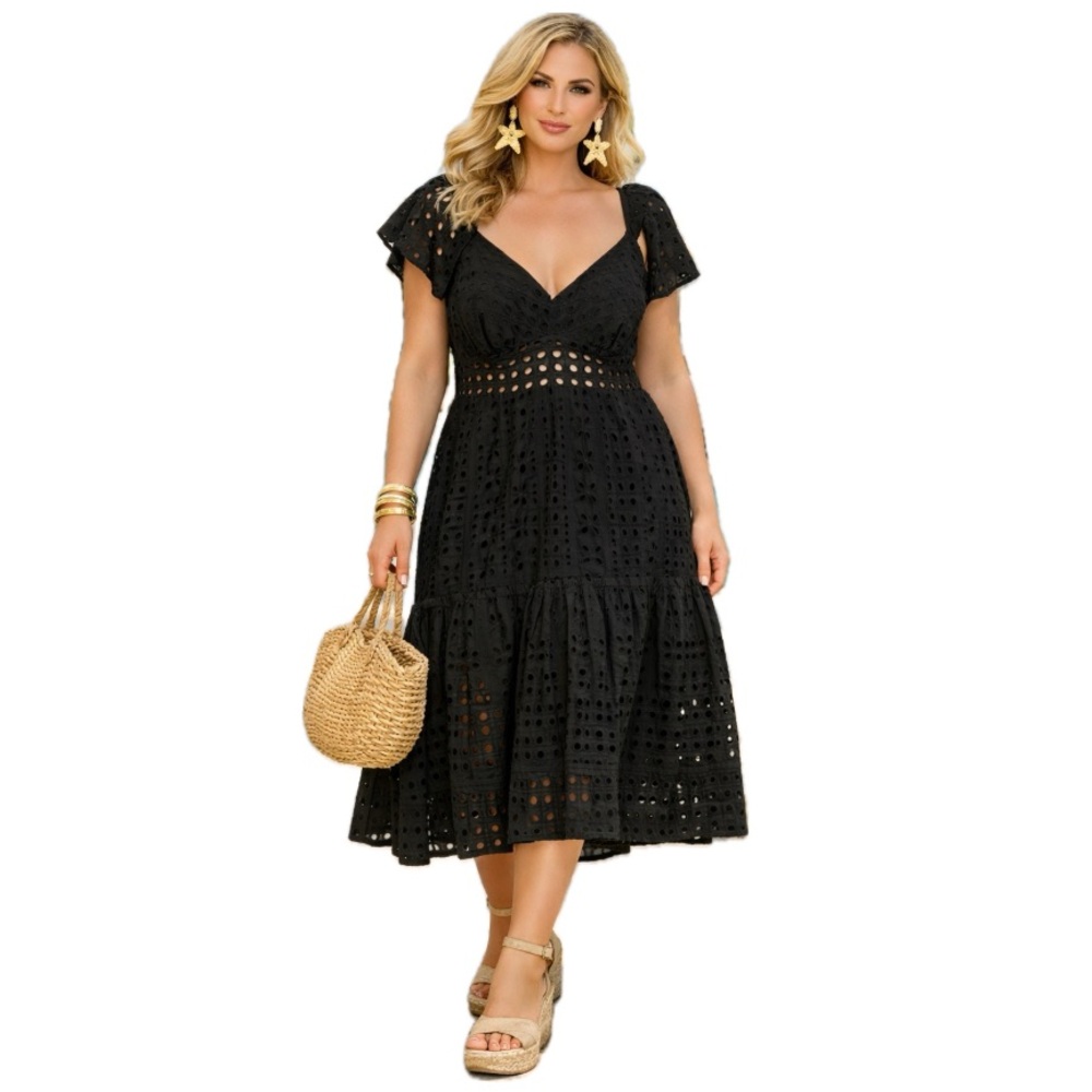 Eloquii, Black Eyelet Midi Dress Flutter Sleeve Resort, Size 14